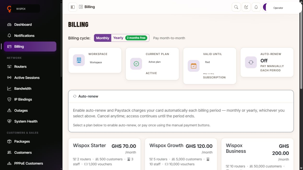 WISPOX billing page showing subscription plan, cycle toggle, and payment options