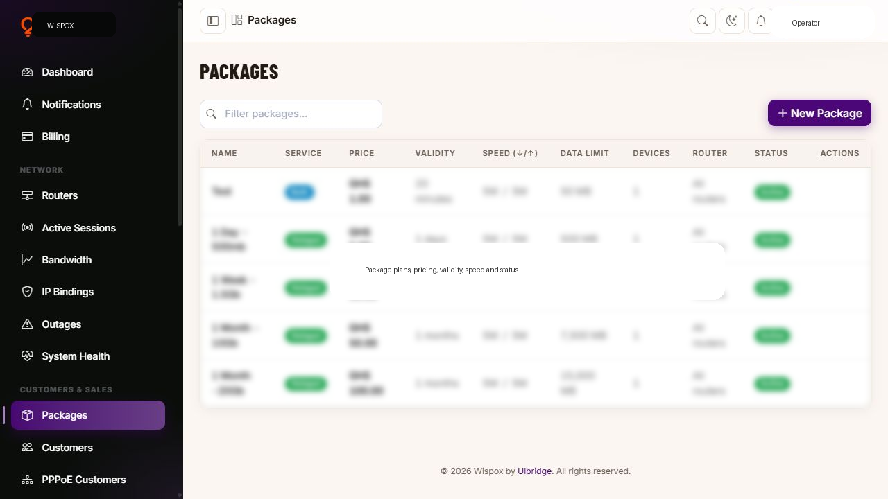 WISPOX packages page showing internet plans, pricing, validity, speed, and status
